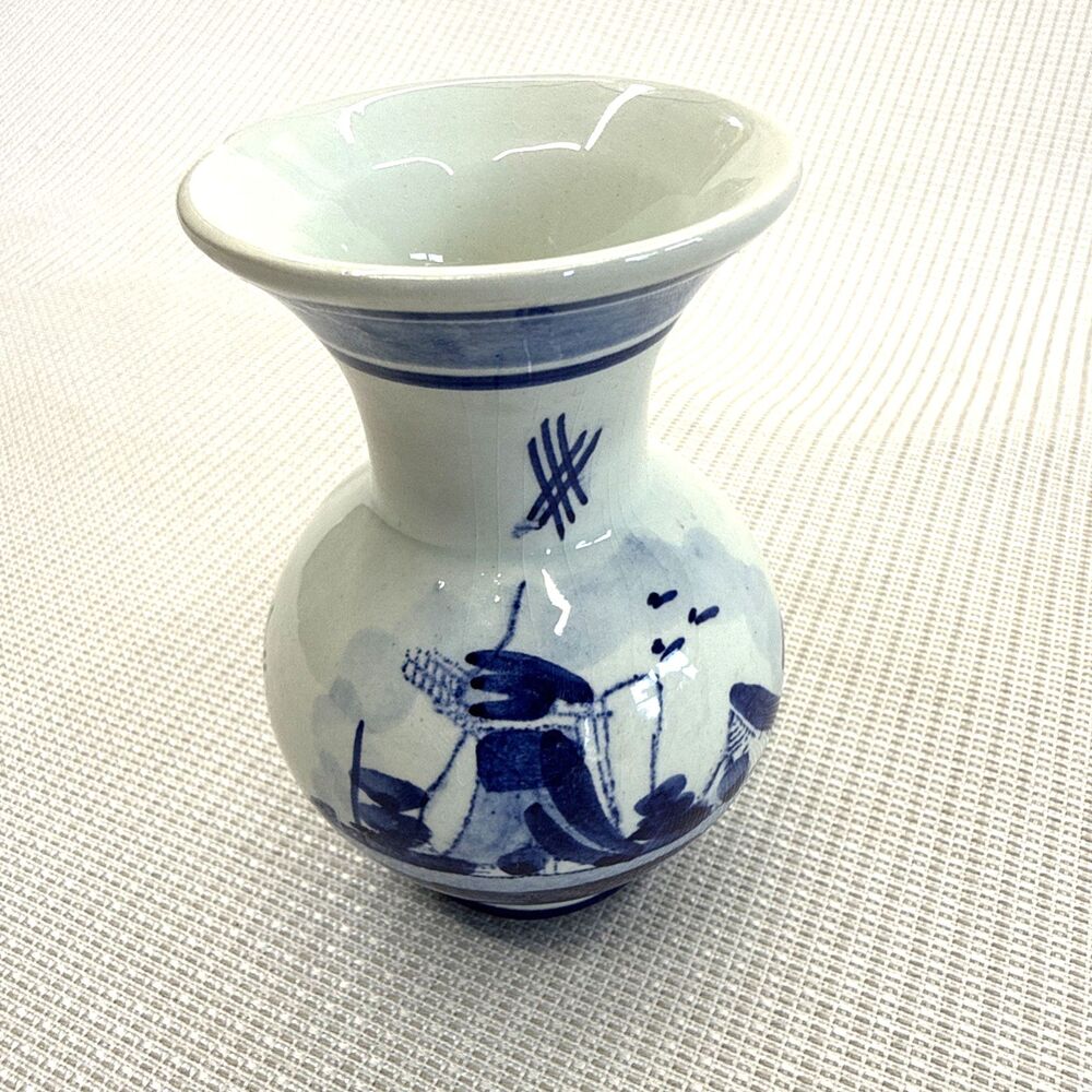 Vintage Hand Painted Delft Small 4" Bud Vase Windmill Design #299